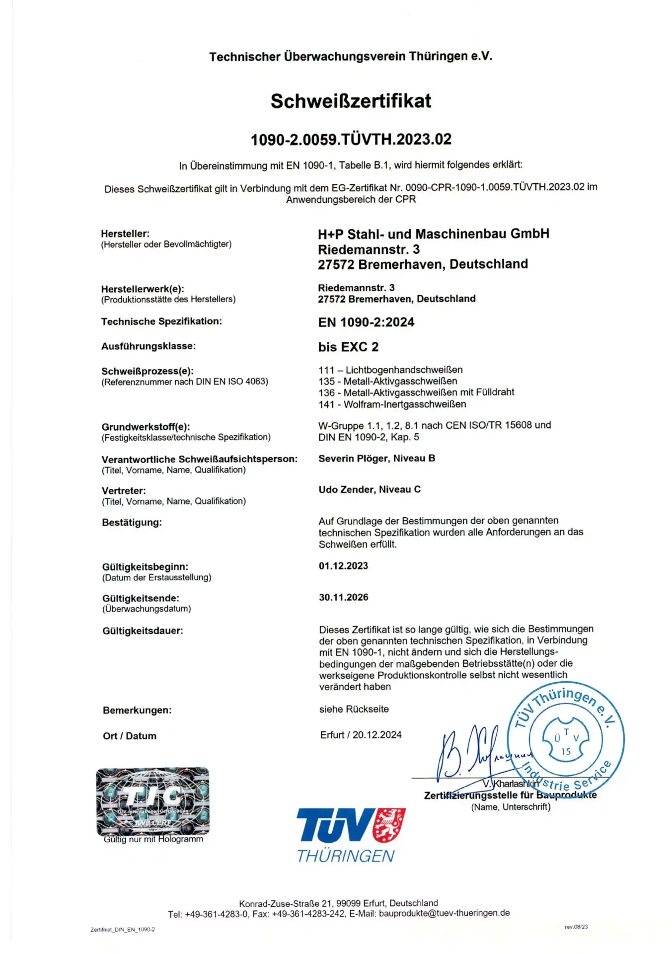 H+P Stahl- und Maschinenbau Zertifikat - Schweißzertifikat