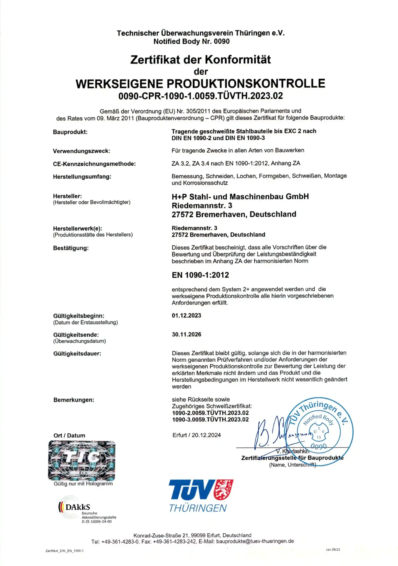 H+P Stahl- und Maschinenbau Zertifikat - Zertifikat der Konformität