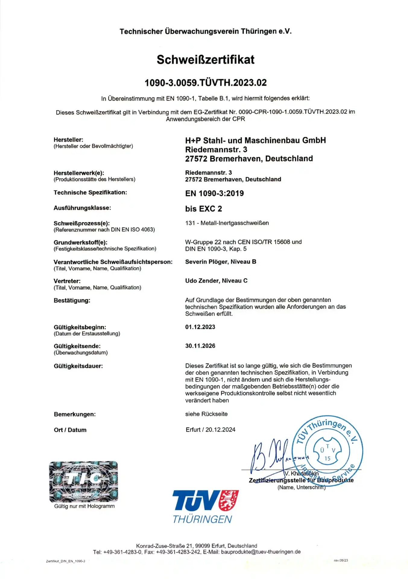 H+P Stahl- und Maschinenbau Zertifikat - Schweißzertifikat